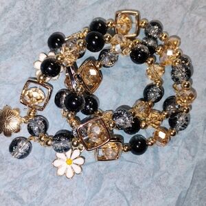 SOLD***🎄3 Chic Gold and Black Beaded Bracelets with Floral Accents